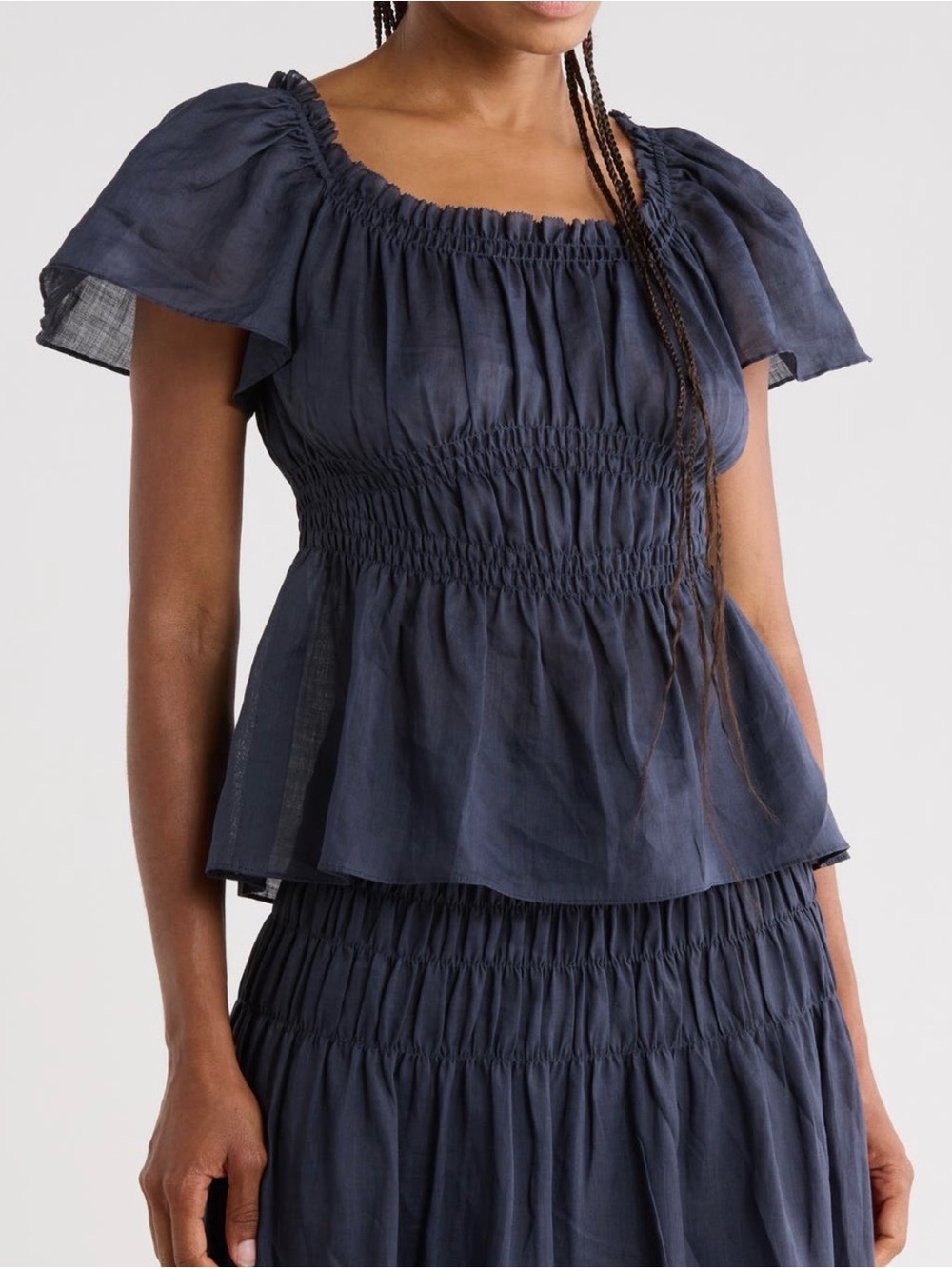 Rebecca Taylor Navy Smocked Ramie Flutter Sleeve Top